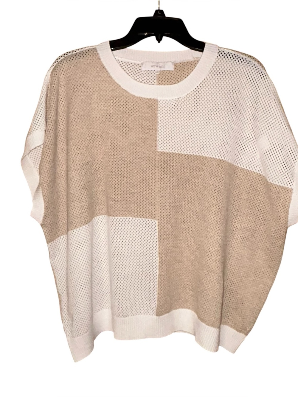 Verve Ami Sweater Top Open Knit Mesh Women’s 2X Beige White Colorblock Poncho